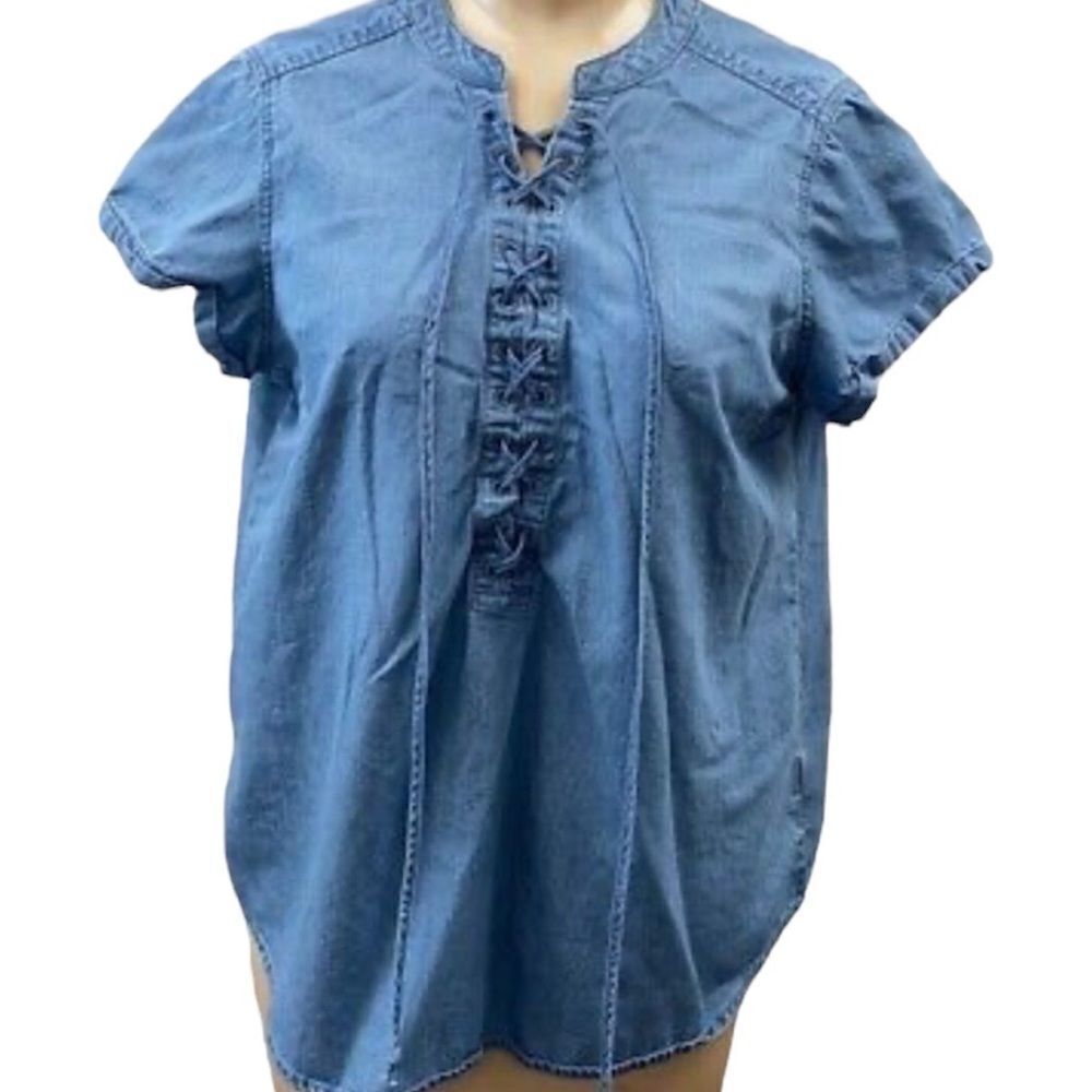 186. Express Women’s Chambray Shirt Blue Lace Up Short Sleeve